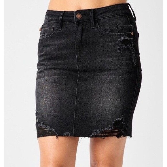 Judy Blue Dresses & Skirts - Judy Blue Denim Skirt Size XL Black Distressed Rigid Magic High Waist NWT